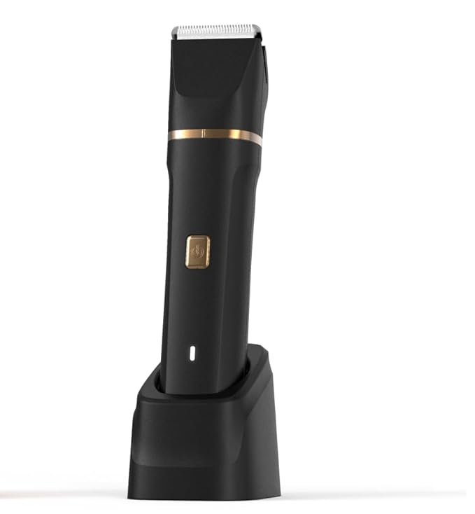 Electric Body Trimmer for Men, IPX7 Waterproof Groin and Pubic Hair Shaver, 2 in 1 Dual Head Grooming Kit for Beard Nose Ear, Cordless Rechargeable with Charging Dock, Ceramic Blades, Painless Trim