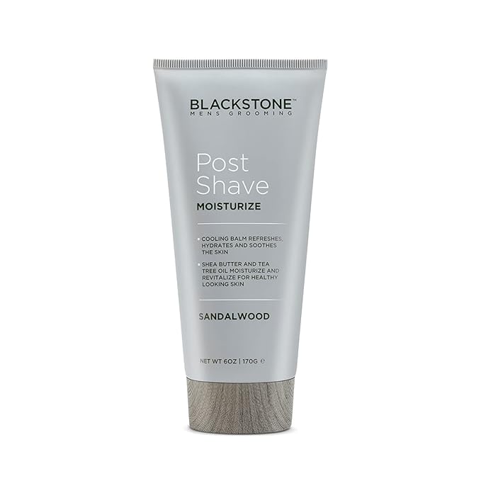 Blackstone Men's Grooming Post Shave Moisturizer with Tea Tree Oil, Shea Butter, Vitamin E, & Aloe | Soothing Cooling Balm | Cruelty & Paraben Free | Made in USA | Sandalwood (6 oz)