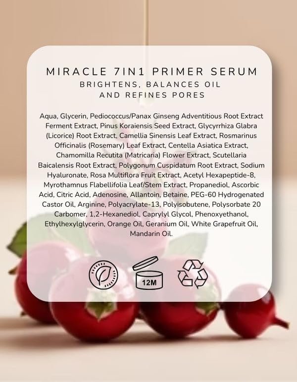 Emani Miracle 7-in-1 Primer and Serum for Face with Ginseng, Hyaluronic Acid, Silicone Free for Sensitive Skin, Pore-Minimizing, Brightening, Smoothing Makeup Base