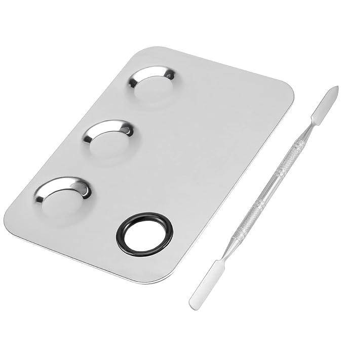 JAPCHET 8 PCS Mixing Makeup Palettes, 3-Well Makeup Palette Mixer Tray, Stainless Steel Cosmetic Palette with 8 PCS Spatula Tool, Multipurpose Makeup Applicators for Nail-Art, Cosmetic, Pigment