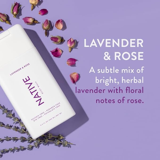 Native Body Wash Contains Naturally Derived Ingredients | For Women & Men, Sulfate, Paraben, & Dye Free Leaving Skin Soft and Hydrated | Lavender & Rose 18 oz - 2 Pk