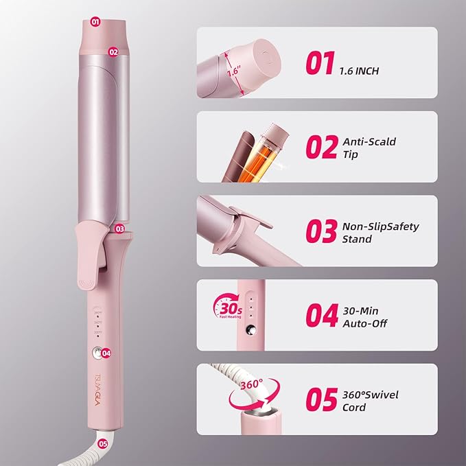Large Hair Curling Wand, 1.6 Inch Big Barrel Curling Iron, 43 Million Ionic Ceramic Curler with 3 Temp, Auto Shut-Off, Long Barrel Curling Wand for Long Hair, Dual Voltage, Pink