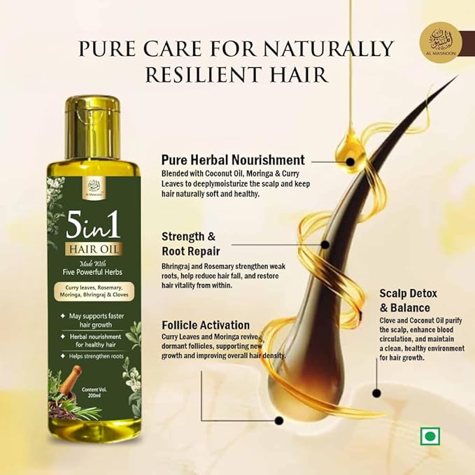 5 in 1 Herbal Hair Oil with Curry Leaves, Rosemary, Clove, Moringa & Bhringraj β 100% Natural, Mineral Oil Free, Hair Growth & Strengthening Oil (200 ml, Pack of 1)