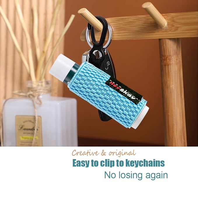 HEYSKAY 3PCS Lip Balm Holder Sleeves Keychain Lipstick Sleeves Lip Gloss Holder Keychain Chapstick Elastic Sleeves(Brown/light blue/purple)