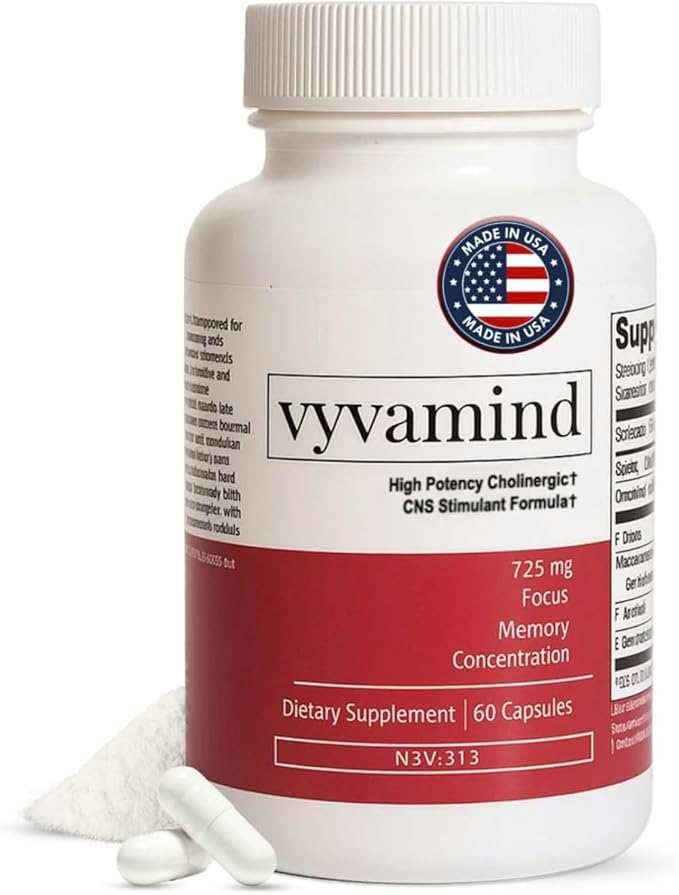 vyvamind Neurostimulant + Focus Aid Nootropic for Enhanced Concentration & Mental Clarity, Brain Support with Caffeine L-Theanine, Fast-Acting Cognitive Boost, 60 Capsules