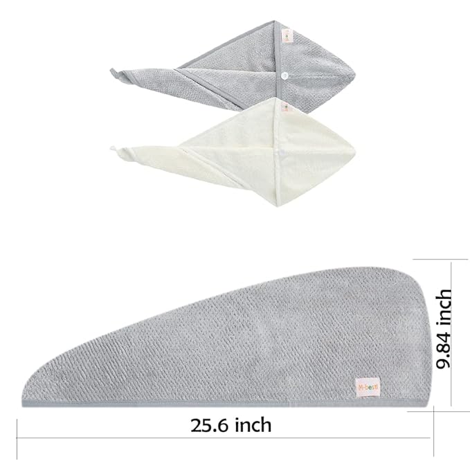 2 Pack Hair Towel Wrap,Absobent Hair Drying Towel with Buttons, Microfiber Hair Towel Wrap to Dry Hair Quickly (Beige&Gray)