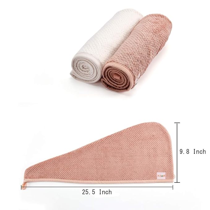 2 Pack Microfiber Hair Towel Wrap,Hair Drying Towel with Button, Hair Towel Turban,Quick Dry,Anti-frizz,Absorbent Head Towel (Pink&Beige)