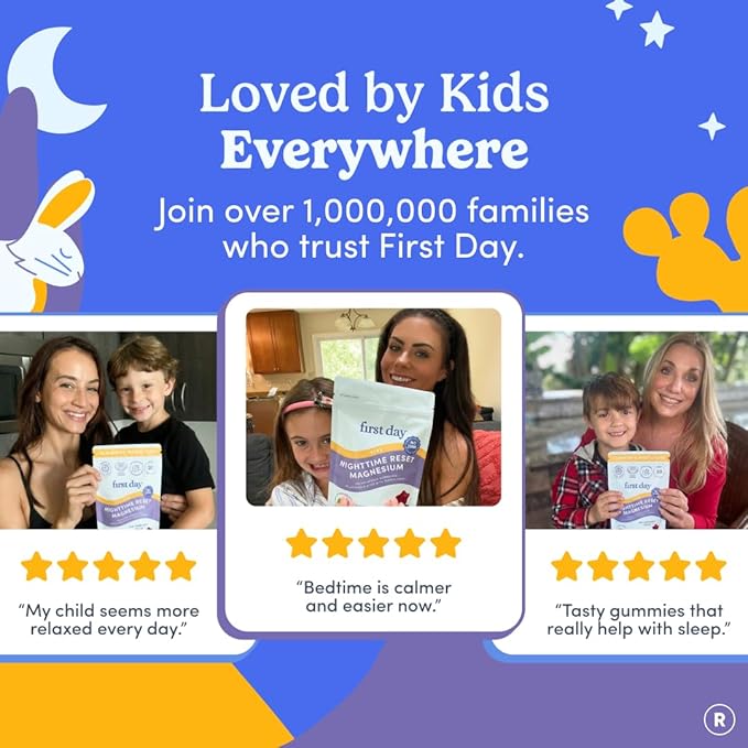 FIRST DAY Kids Magnesium Citrate Gummies (Ages 4+) with No Melatonin | Calm Kids Magnesium Gummies | Bedtime Supplement for Better Sleep with Suntheanine® L-Theanine | Strawberry | 30-Days Supply