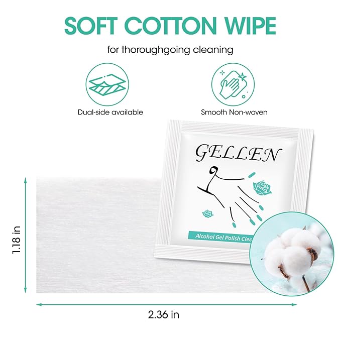 GELLEN Nail Cleanser Pads, 200 Pack Alcohol Prep Pads Nail Cleanser Wipes Remove Tacky Residue, Lint-free Glossy Wipes for Acrylic/Builder/Gel Polish Travel Individually Wrapped for Perfect Manicure
