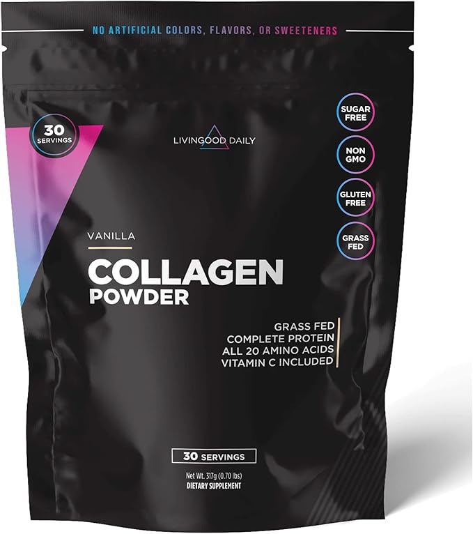 Livingood Daily Vanilla Collagen Powder for Women & Men, Hydrolyzed Collagen Peptides Powder with Vitamin C, Protein with 20 Amino Acids, Type I & III, Grass Fed, Keto, Paleo, Gluten Free, 30 Srvgs