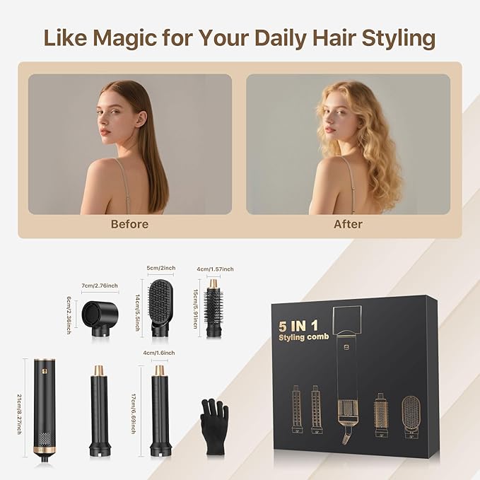 Sendowtek Hot Air Styler Brush Set for Women 5 in 1, 800W 3 Level Temp Hairdryer Comb for Rotating Curling Straightening Volumize Auto Wrap Curler Multi-Styler Hair Styling Tools for Multi Hair Home