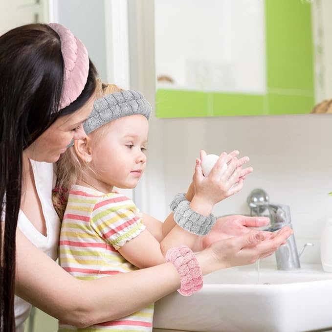 Face Washing Headband and Wristband Set of 2, Microfiber, Pink and Grey, Absorbent Spa Wristbands for Adult Women, 6 Count