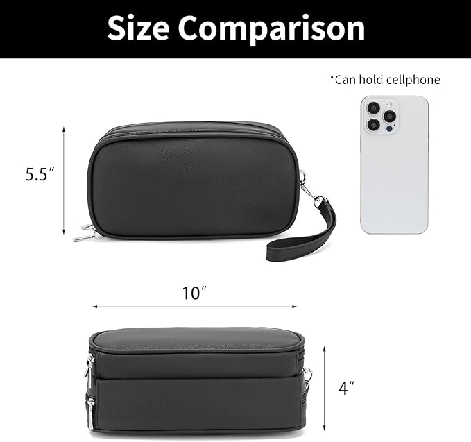 Makeup Bag for Women, Wide-open Makeup Organizer with Makeup Brush Holder, Waterproof Cosmetic Bag with Compartment, Portable Travel-Size Toiletry Bag for Traveling, Large Make Up Bag (Black)