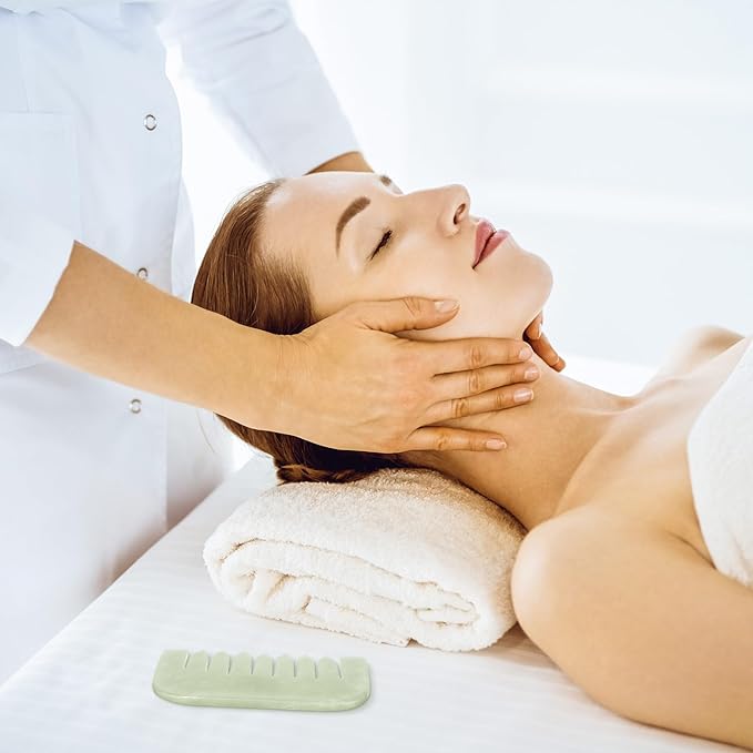 Geiserailie 2 Pcs Jade Combs Esthetician Supplies Massage Stone Hair Gua Sha Scraping Scalp Comb Facial Massage Tool Handheld Head Tools Head Caring Therapy Valentines for Women(Square Style)