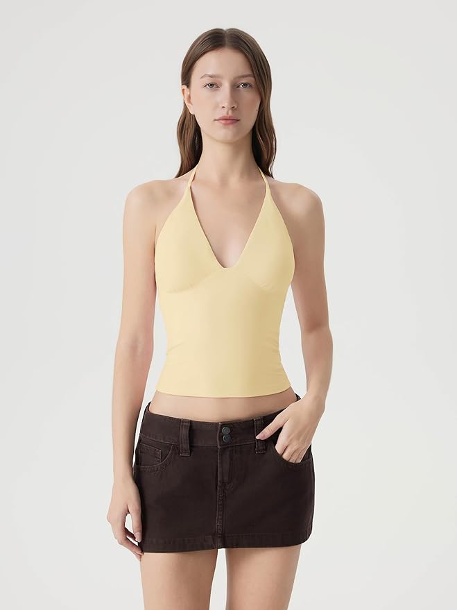 SUUKSESS Women Double Lined Halter Tank Top Summer Padded Going Out Tops Sleeveless Basic Shirts