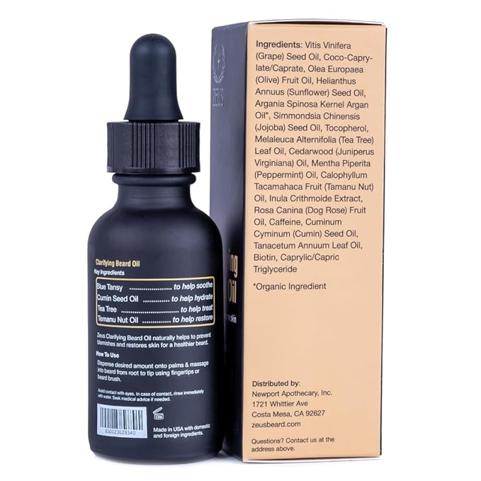ZEUS Clarifying Beard Oil for Men, Hydrating Facial Hair Oil with Tea Tree for Sensitive Skin, Revitalizes, Treats Blemishes, Promotes Healthy Beard Growth (Made in USA) 1 fl. oz.