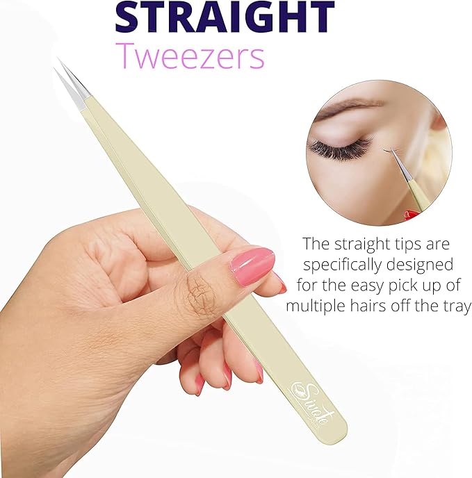 SIVOTE Lash Tweezers for Eyelash Extensions, Hand Calibrated Straight & Curved Tip, Pack of 2, Vanilla