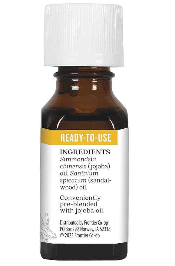 Aura Cacia Sandalwood Essential Oil in Jojoba Oil, 0.5 fl. oz., Woodsy, Balsamic-Like Aroma for Skin Care & Centering