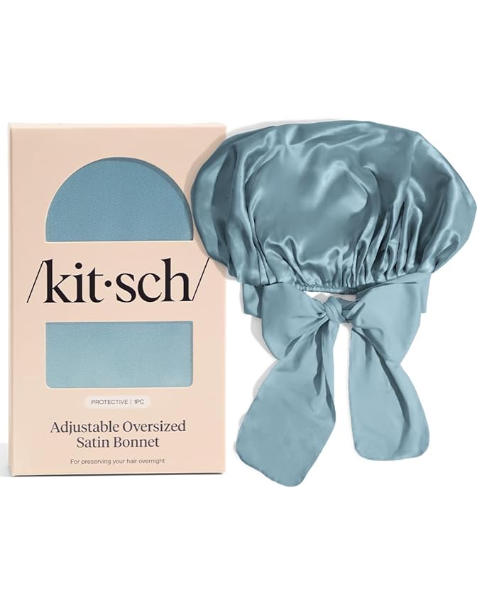 Kitsch XL Satin Bonnet for Sleeping - Softer Than Silk Hair Bonnet for Women - Secure Fit, Adjustable Night Cap for Curly & Textured Hair - Prevents Breakage, Tangles & Thinning- Haze Blue
