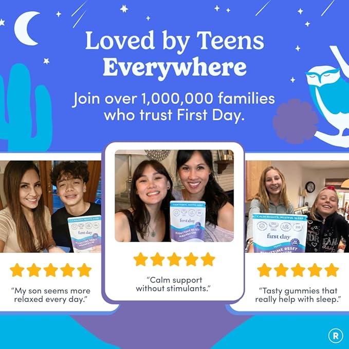 First Day Teens’ Nighttime Reset Calming Magnesium Gummies – Sleep Aid Supports Peaceful Rest, Balanced Mood & Energy – Supplement with Magnesium Citrate, Affron & No Melatonin – 60-Day Supply