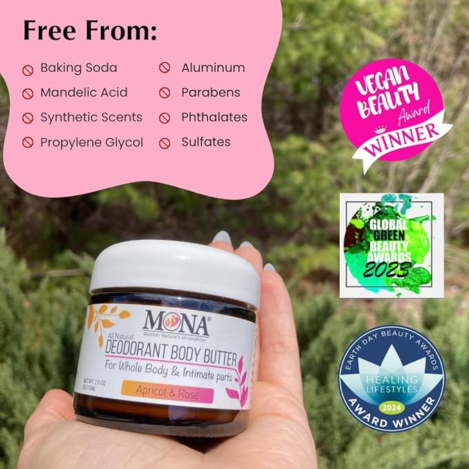 MONA All Natural Deodorant for Whole Body & Intimate Parts | Deodorant Cream for Women, Men & Teens | No Aluminum, Baking Soda or Synthetic Fragrance | (Apricot & Rose, 2.0 Oz (Pack of 1))