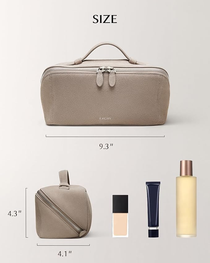 EACHY Leather Makeup Bag, Portable 180° Wide-Open Flat Cosmetic Bag for Women, Large Capacity Make Up Organizer Makeup Pouch with Divider and Handle