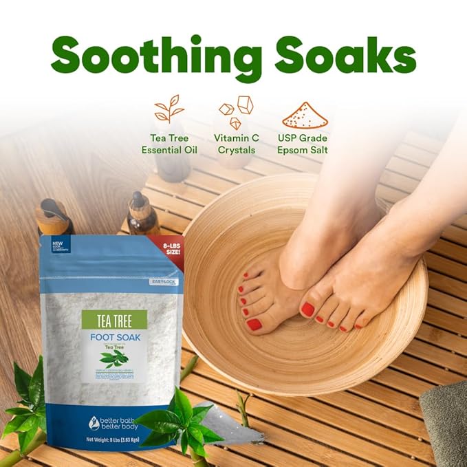 Tea Tree Foot Soak 128 Ounces (8 Lbs) Epsom Salt with Natural Scent Tea Tree and Lavender Pure Essential Oils Plus Vitamin C in BPA Free Pouch with Easy Press Lock Seal Made in USA