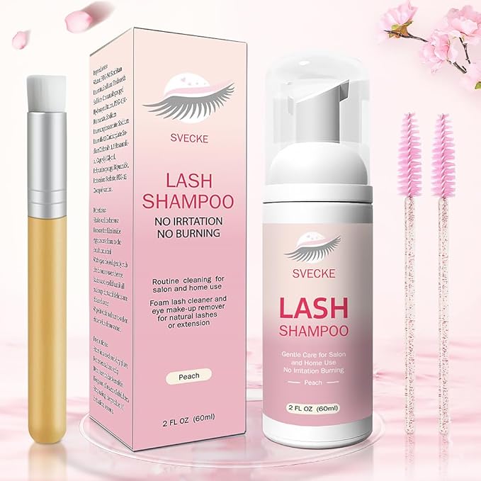 Lash Shampoo Kit Eyelash Extension Cleanser, Eyelash Shampoo for Lash Extensions, Lash Cleaner Eyelid Foam Cleaning Kit for Salon Home Use (Peach)