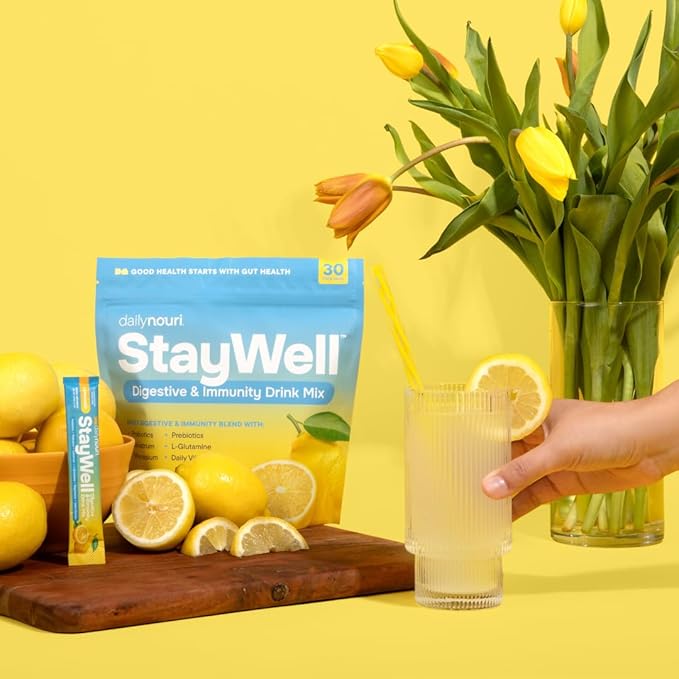 Daily Nouri StayWell Digestive & Immunity Drink Mix | Gut Health, Digestion, Immunity & Energy | Probiotics, Prebiotics, Colostrum & Daily Vitamins | 30 Stick Packs