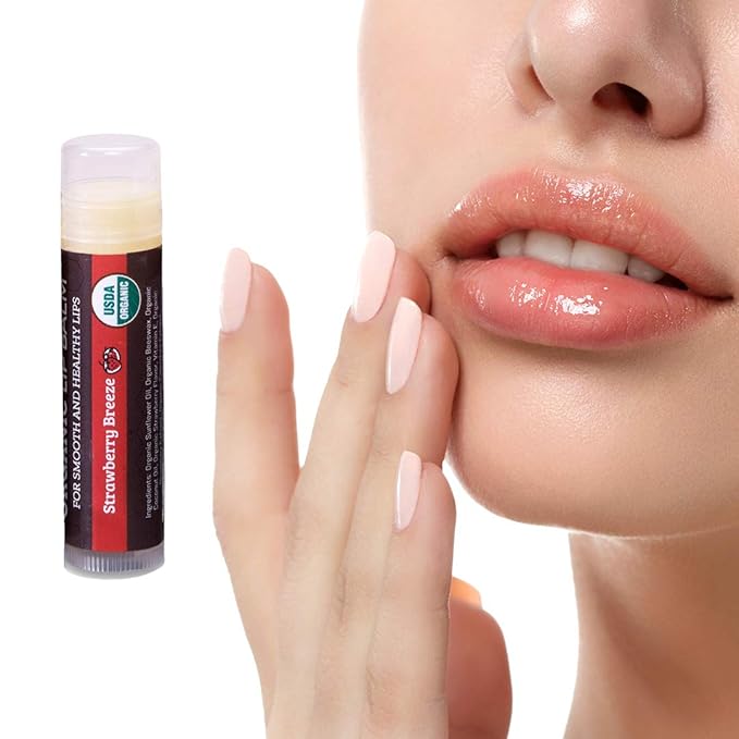 Earth's Daughter USDA Organic Lip Balm 4-Pack Strawberry flavor - Beeswax, Coconut Oil, Vitamin E - Best Lip Repair Chapstick for Dry Cracked Lips.