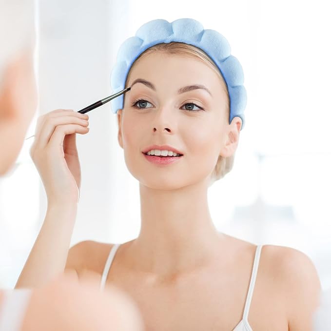 WSICSE Sponge Spa Headband for Washing Face, Blue Skincare Headband and Wrist Washband Set Makeup Hairband for Girls Womens