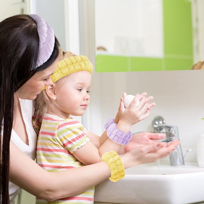 Face Wash Headband and Wristband Set of 2, Purple and Yellow, Microfiber, One Size, with Holder for Washing Face, Absorbent Spa Wristbands