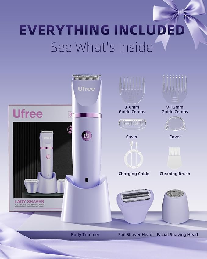 Ufree Bikini Trimmer Electric Razors for Women, Rechargeable Pubic Body Hair Trimmer Electric Shaver for Legs Body Hair, Bikini Shaver IPX7 Waterproof, Gifts for Women, Purple