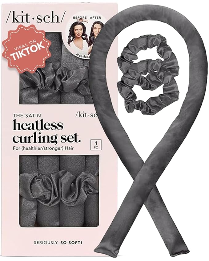 Kitsch Satin Heatless Curling Set – Heatless Curls Overnight with 34" Hair Curler & 2 Satin Scrunchies – Comfortable Hair Curlers to Sleep In for Frizz-Free, No Heat Damage Styling - Charcoal