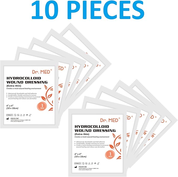 Dr. Med Hydrocolloid Wound Dressing Extra Thin 4"x4"-10 Pack/Box, Waterproof Adhesive Bordered Bandage, for Light Exudate, Abrasions, Pressure Ulcer, Bed Sore, Superficial Wound Care