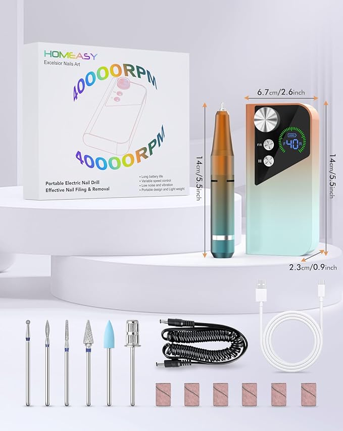 Nail Drill 40000RPM - Rechargeable Nail File with Bits, Professional E-Filer for Acrylic Nails, Gel Polishing, Manicure & Pedicure E File with Large HD LCD Screen - M96 Orange