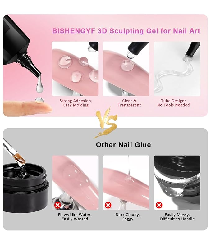 3D Nail Gel - Rose Gold Chrome Nail Powder 15g Clear 3D Sculpting Gel Non-Sticky Hand Hard Gel Carving Gel with Laser Copper Chrome Powder for Nail Art Home DIY