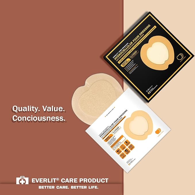 EVERLIT Sacrum Silicone Foam Dressing | Highly-Absorbent Waterproof Sacral Bandage Pad for Bed Sore Pressure Ulcer Wound Care | Sterile Adhesive Dressing for Chronic Wounds (9" x 9" | 10 Pack)