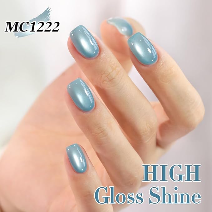 Double Rhythm Jelly Glass Cat Eye Gel Polish with Magnet 15ML Holographic Glitter Shimmer Translucent Sheer Color Magnetic Nail Polish Salon DIY at Home (Mist Blue-MC1222)