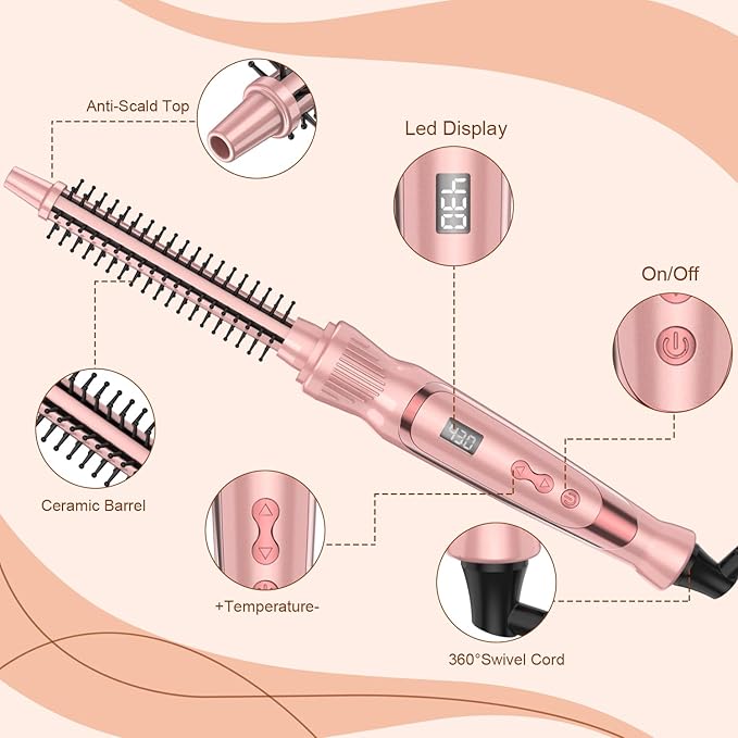 Heated Round Brush 1/2 Inch Small Curling Brush,Volumizing Thermal Brush 0.5 Inch Ceramic Tourmaline Heated Hot Ionic Iron, Tiny Curling Wand Hair Styler Tool (Pink, 0.5 inch)