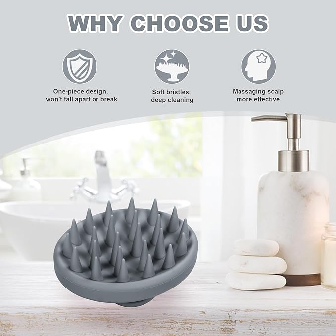 Silicone Scalp Massager, Scalp Scrubber for Hair Growth with Soft Bristles, Scalp Exfoliator Brush Dandruff Removal Shampoo Brush for Wet Dry Scalp Care (Grey)