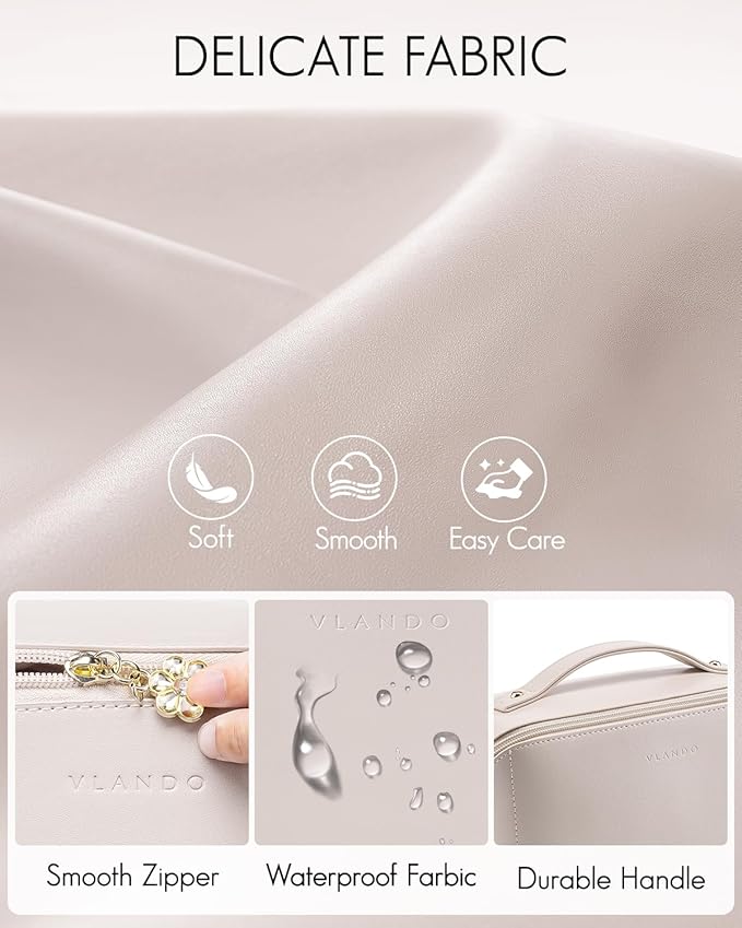 Vlando Travel Makeup Bag,Gifts for Women Large Capacity Toiletry Bag for Women Wide Open Cosmetic Organizer with Divider and Handle(White)