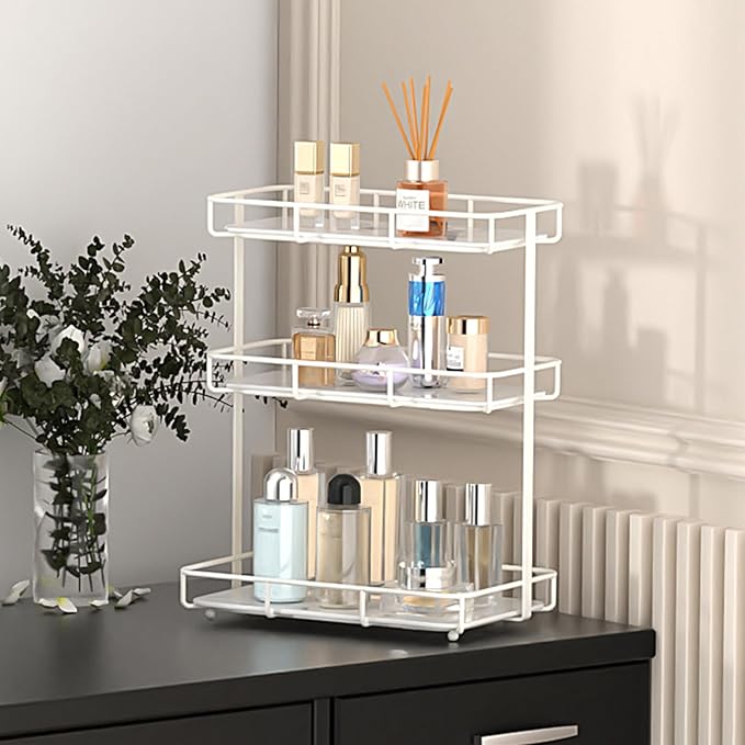 Bathroom Organizer Countertop Perfume Organizer Makeup Organizer Cosmetics Storage Display Rack Vanity Tray Dresser Stainless Steel Gold Shelf White Marble Ceramic Tray