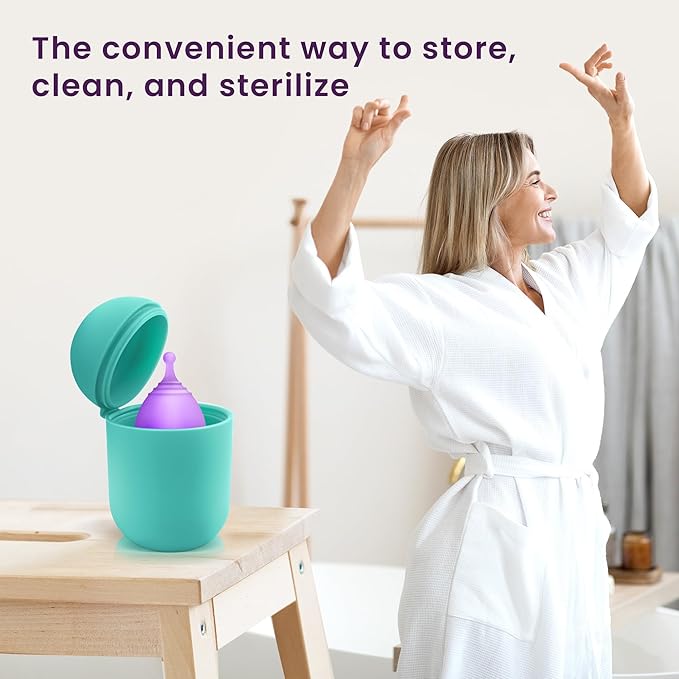 EcoBlossom Menstrual Cup Case and Sterilizer - Reusable Silicone Sterilizing Holder - Cleaner Period for You and Your Disc or Cup - Portable Cleaning Container & Microwave Steamer (Cyan)
