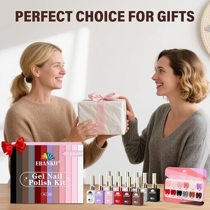 EBANKU 12 Pcs Christmas Gel Nail Polish Set, 15ML Same Color Same Bottle Red Pink Nude Brown Fall Soak Off Gel Nail Polish Kit Nail Art Manicure Gifts for Women