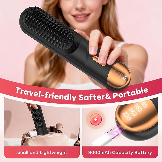 Go Brush Pro 2026 Hair Straightener Brush 300 Million Negative Ionic Portable Hair Straightener Comb for Women with 4 Temps Fast Heating MCH Ceramic Coating Smooth Frizz - Free Hair Shining Black