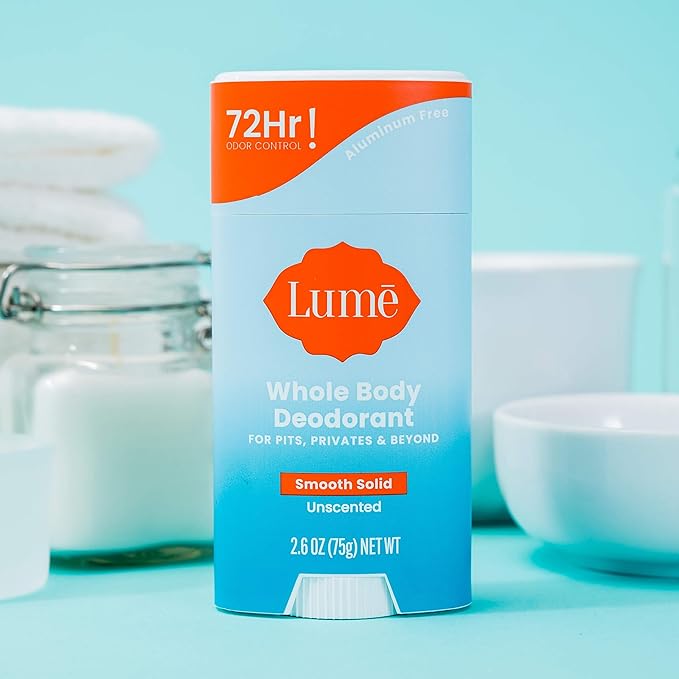 Lume Whole Body Deodorant - Smooth Solid Stick - 72 Hour Odor Control - Aluminum Free, Baking Soda Free and Skin Loving - 2.6 Ounce (Pack of 3) (Unscented)