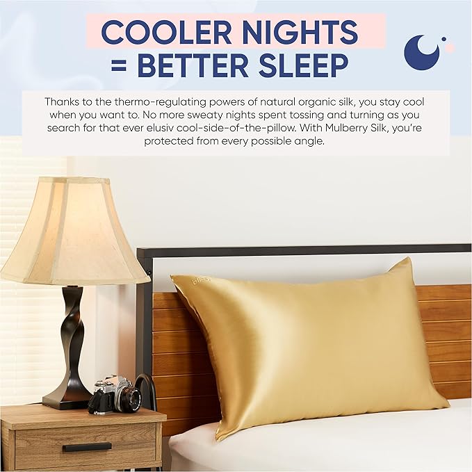 Blissy Silk Pillowcase - 100% Pure Mulberry Silk - 22 Momme 6A High-Grade Fibers - Silk Pillow Cover for Hair & Skin - Regular, Queen & King (Gold, Standard)