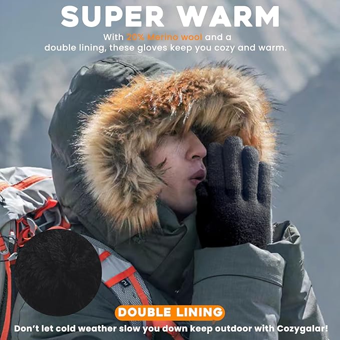 Winter Gloves Men Women, Thermal Merino Wool,6 Finger Touch Screen, Warm Fleece lined for Christmas