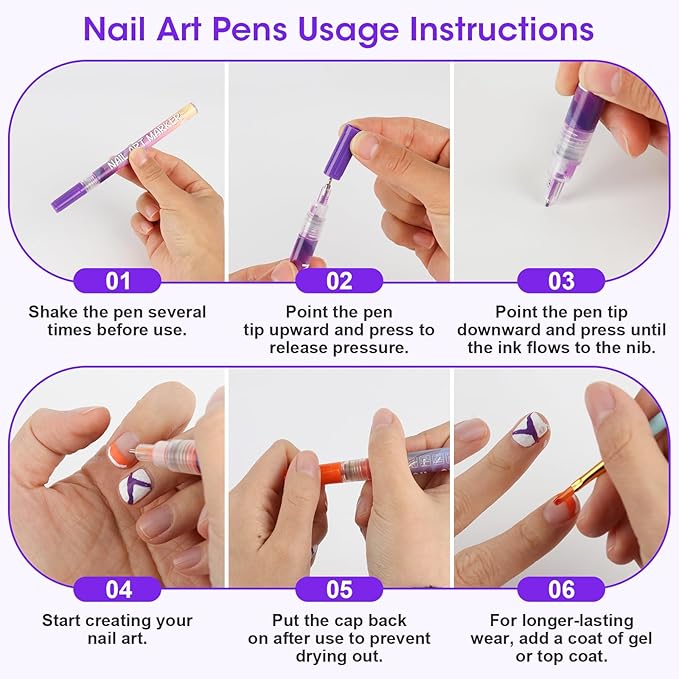 Pintada 12-Color 0.7mm Fine Tip Nail Art Pen Set with 13 Sheets Nail Stickers - Waterproof Quick-Drying Nail Art Markers for DIY Nail Design, Greeting Cards, Object Painting, Holiday Doodling